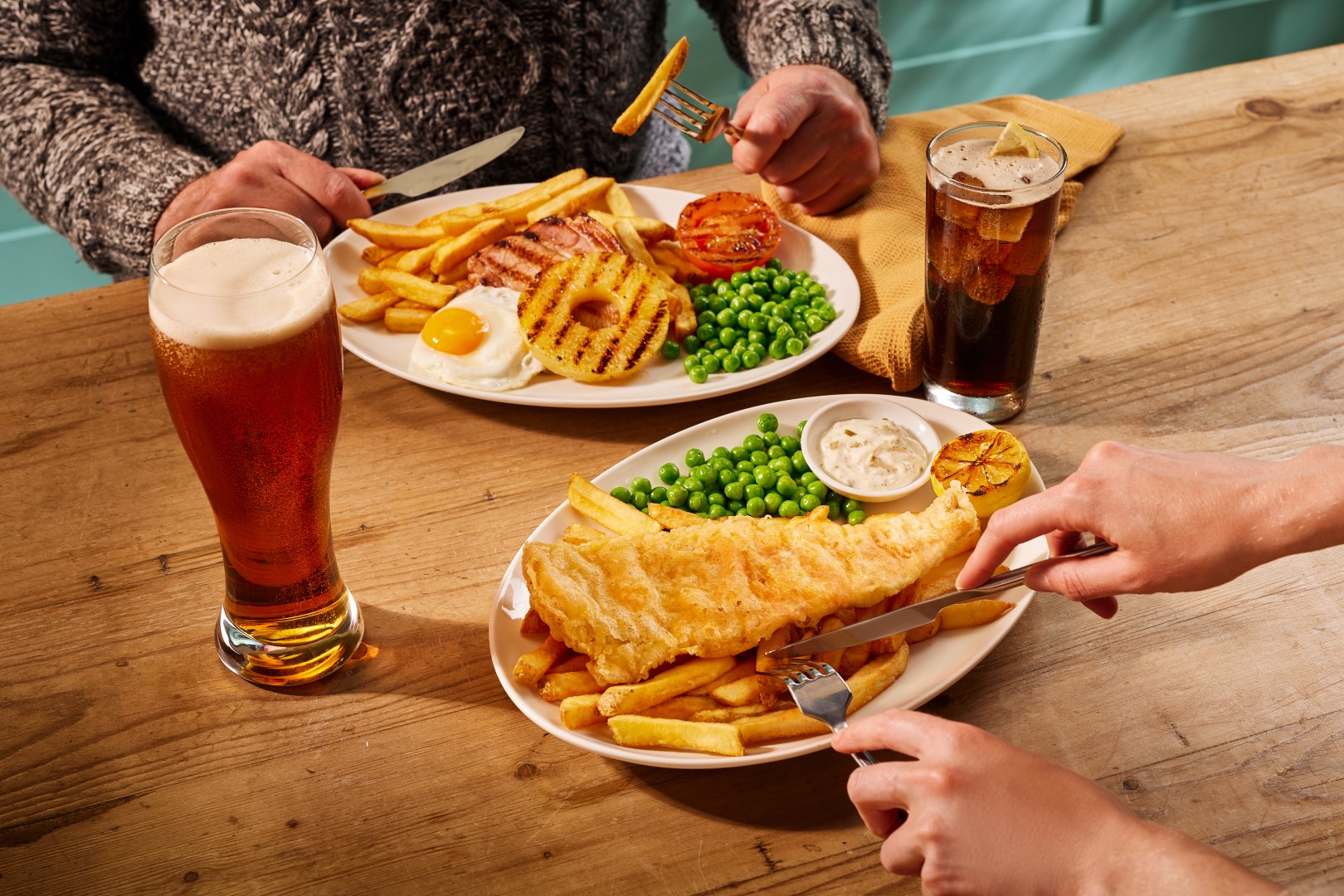 brewers fayre fish and chips, eggs, peas