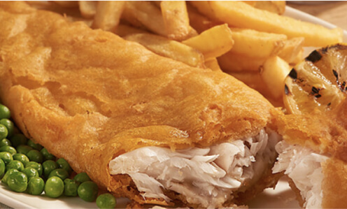 Close up of battered fish and chips