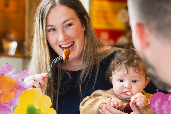 mum and child enjoying a roast dinner at a brewers fayre